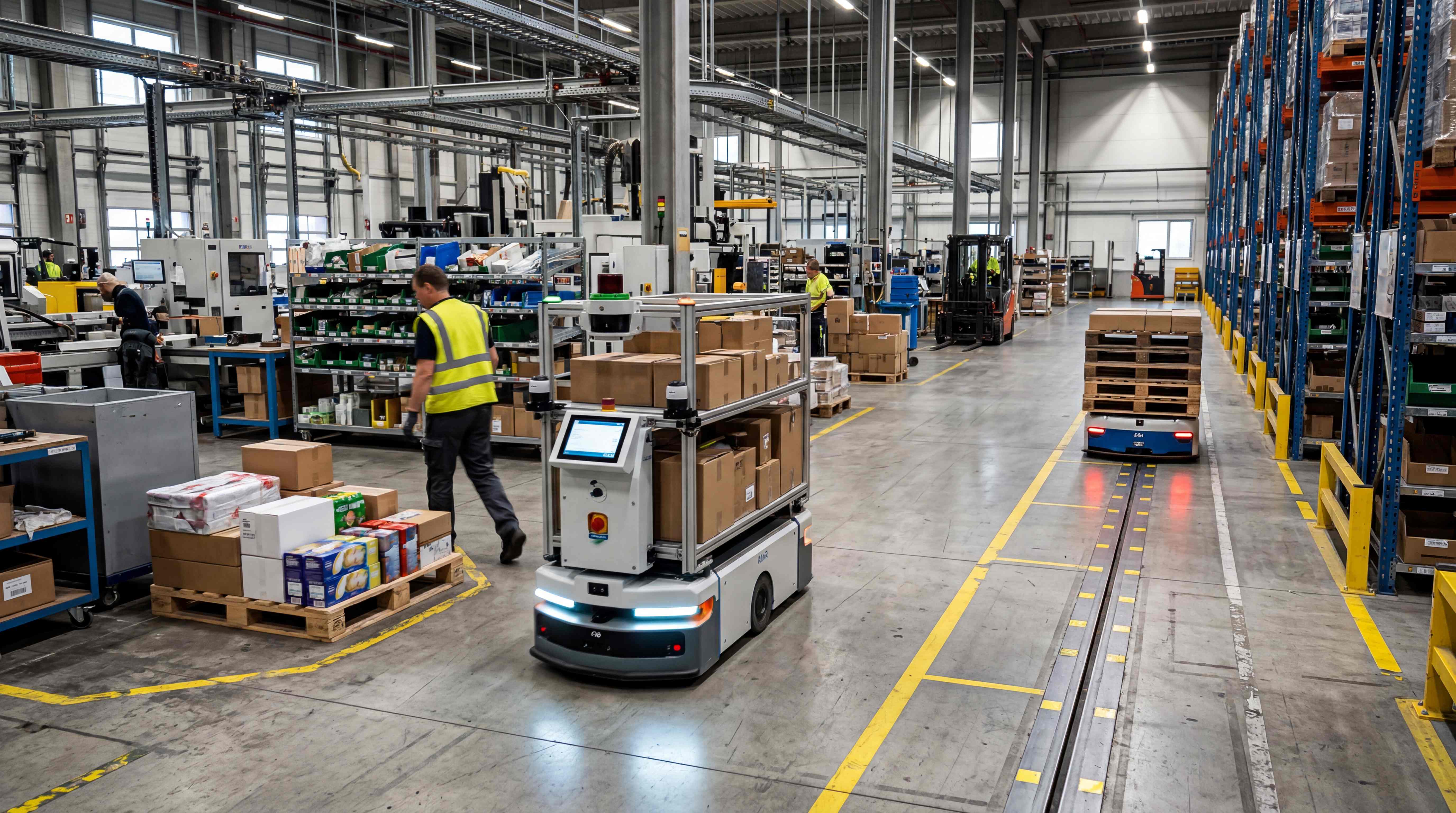 AMR and AGV mobile bases operating in a warehouse intralogistics layout with both structured lanes and flexible movement zones